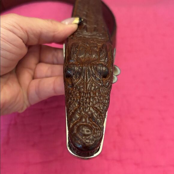 Brown Crocodile Embossed Leather Belt, L 46 inch